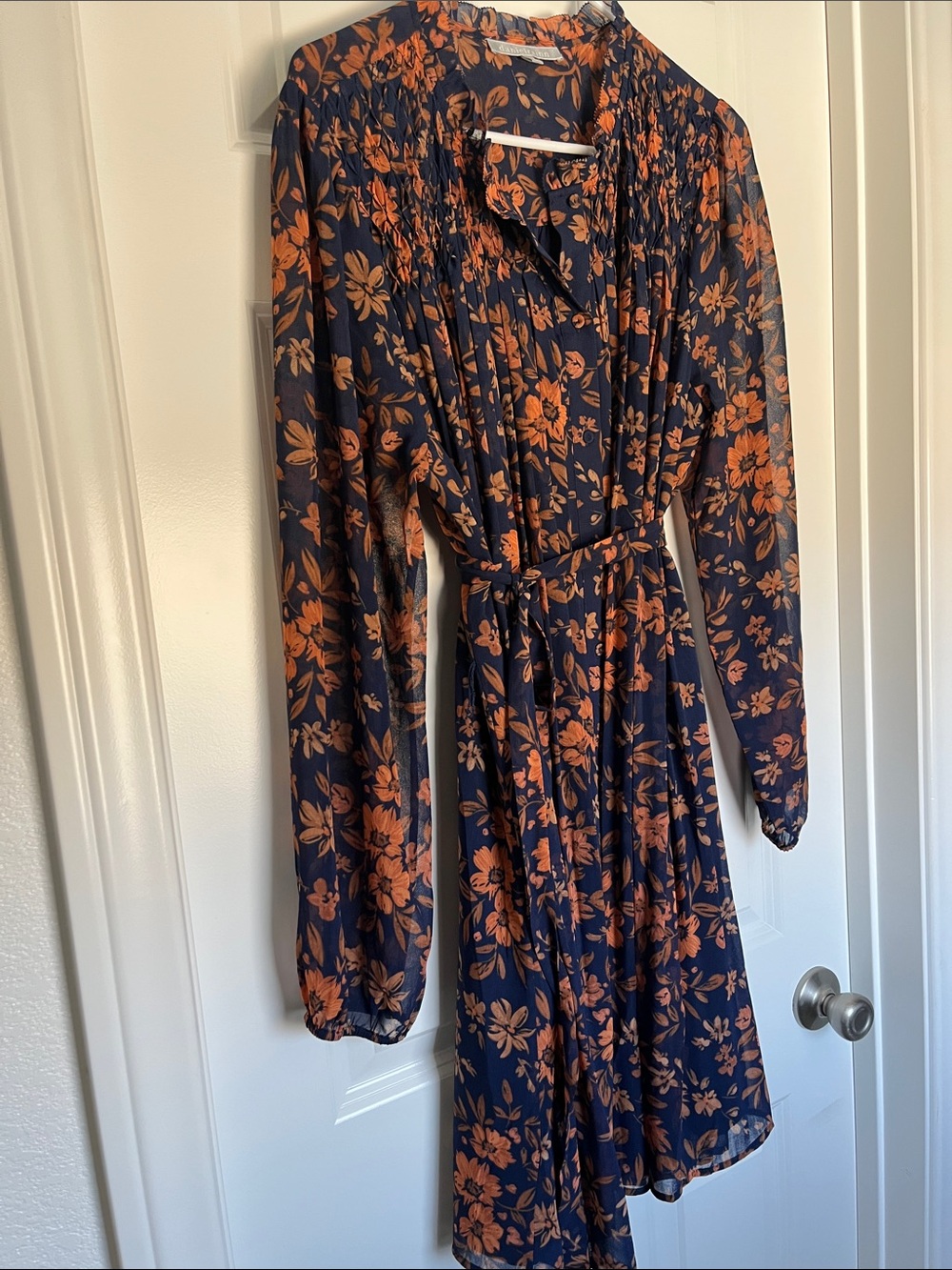 Daniel Rainn Navy and Rust Floral Long-Sleeve Wrap Dress with Tie Waist
